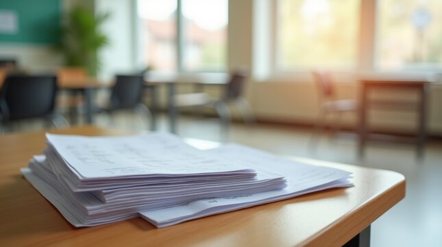A stack of exam papers placed on a wooden desk in a sunlit classroom, emphasizing the details of the papers. Perfect for themes related to education, testing, or academic settings.