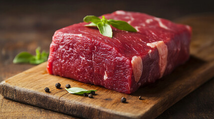 Fresh Raw Beef Steak on Wooden Board Surrounded by Aromatic Herbs and Spices for Culinary Preparation and Cooking Exploration