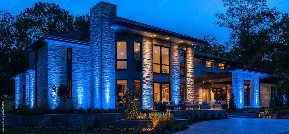 Poster modern home illuminated at dusk with stylish architectural design.