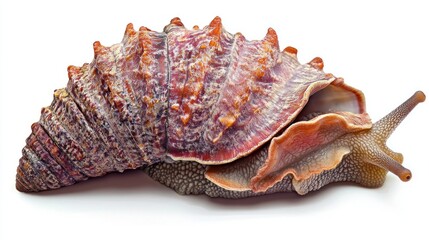 Obraz premium Full-body image of an aquatic snail with its shell visible on a white background.