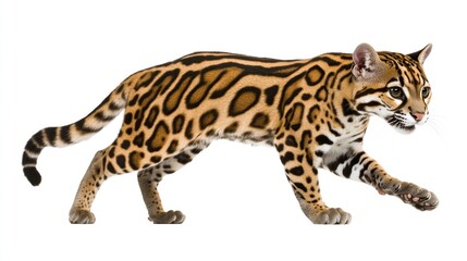 Obraz premium Full-body image of an ocelot prowling on a white background.