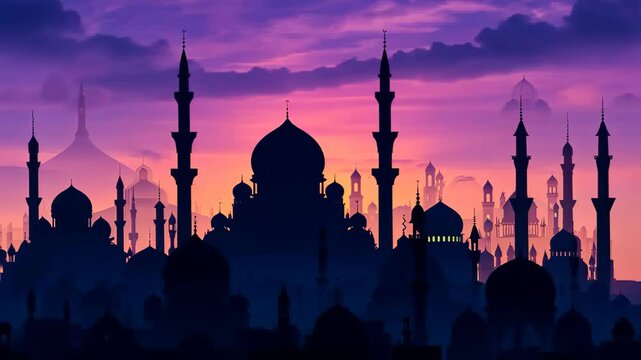 Sunset Over City Painting, A skyline featuring minarets and domes, representing the architectural beauty of mosques