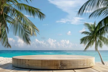 Showcase Products on a Wooden Podium with a Sunny Tropical Beach Backdrop