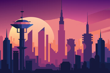 Obraz premium A flat illustration of a futuristic city skyline at dusk, with glowing buildings, flying cars, and a soft gradient sky