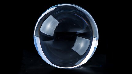 A large transparent sphere reflecting light, isolated against a solid black surface