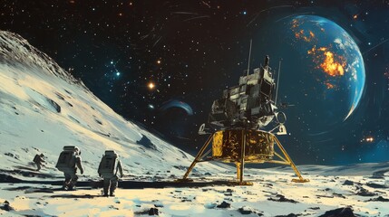 Naklejka premium Astronauts launching from surreal Moon to glowing Earth scene