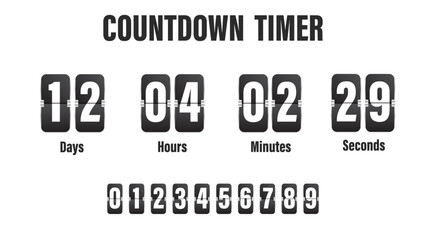 Countdown timer.Mechanical scoreboard flip countdown.Flip clock showing how much time: hours, minutes and seconds.Mechanical analog flip clock with number indicator, retro automatic date hour minutes 