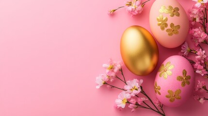 Obraz premium Easter pink and gold eggs with flowers on a pink background
