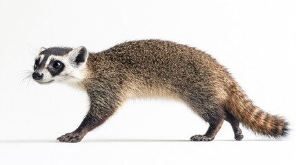 Fototapeta premium Full-body image of a coatimundi climbing on a white background.
