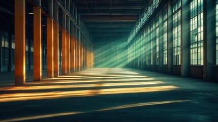 Fototapeta premium Illuminated industrial space with sunlight rays abandoned factory interior photography urban environment low angle view atmosphere