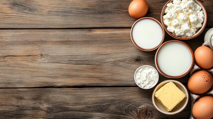 Fresh dairy products for breakfast with milk cottage eggs butter yougurt on wooden background top view mock up