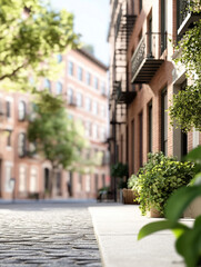 Fototapeta premium A serene urban street with brick buildings and greenery.