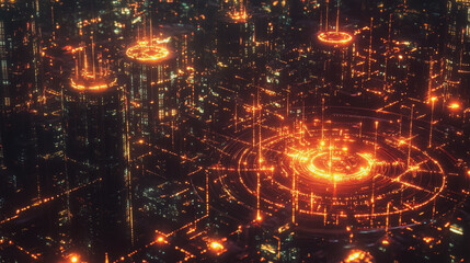 Fototapeta premium Smart digital Innovation city with connection network reciprocity over the cityscape. of future smart wireless digital city and social media networking systems that connects people with in city