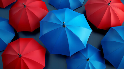 Aerial View of Colorful Umbrellas in Red and Blue Shades Arranged on a Dark Background for Creative Visuals and Unique Designs