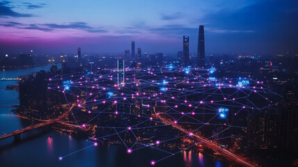 Fototapeta premium Smart digital Innovation city with connection network reciprocity over the cityscape. of future smart wireless digital city and social media networking systems that connects people with in city