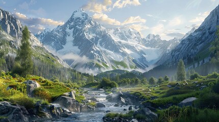 Snow-covered mountain peaks surrounded by green valleys and misty morning light.