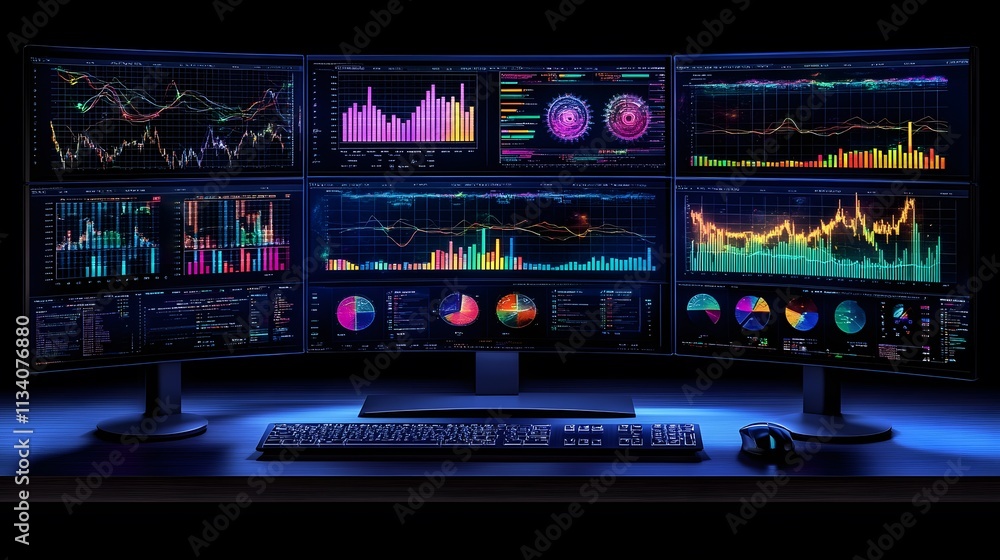 Poster dark room, multiple monitors displaying financial data charts and graphs, keyboard and mouse.