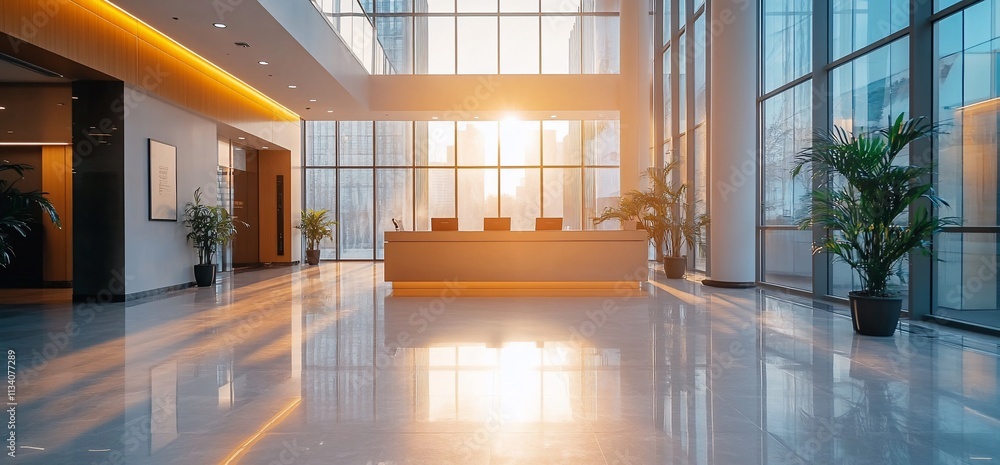 Poster modern office lobby with large windows and a reception desk at sunset.
