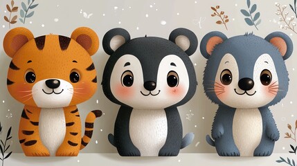 Obraz premium Cute cartoon animals featuring a tiger, panda, and bear against a whimsical background.