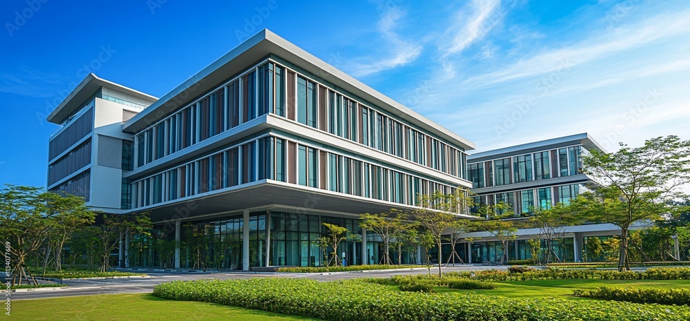 Poster modern multi-story building with large windows and landscaped surroundings.