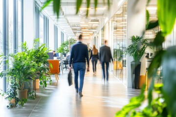 Modern Office Interior with Lush Greenery and Walkway