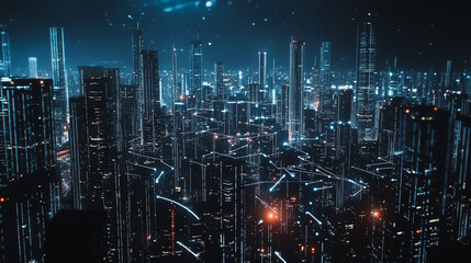 Obraz premium Smart digital Innovation city with connection network reciprocity over the cityscape. of future smart wireless digital city and social media networking systems that connects people with in city