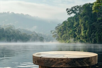 Vibrant Color Visual of Wooden Podium with Amazon River Background for Product Display