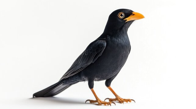 Full-body image of a mynah bird standing on a white background.
