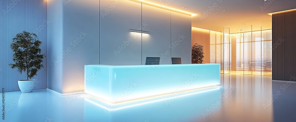 Poster modern reception area with illuminated desk and minimalistic design.