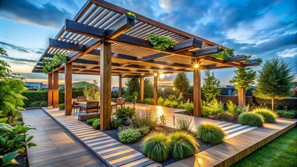 Fototapeta premium Sustainable Pergola with Green Roof, Water Collection, and Solar Lights - AI Photo