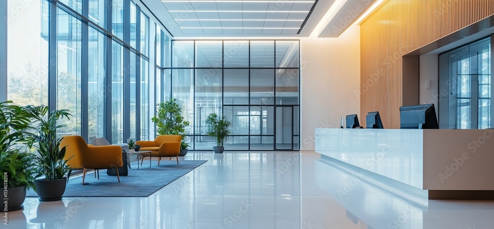 Poster modern reception area with seating and large windows.