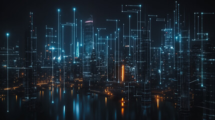 Fototapeta premium Smart digital Innovation city with connection network reciprocity over the cityscape. of future smart wireless digital city and social media networking systems that connects people with in city