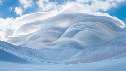Fluffy clouds above snow-covered hills in Tanggula Mountains in the Tibet Autonomous Region