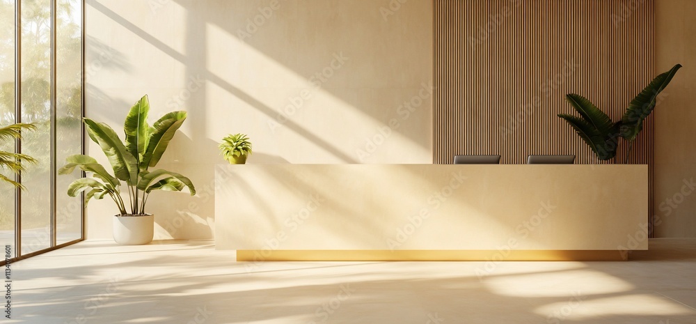 Poster Modern reception area with minimalist design and greenery.