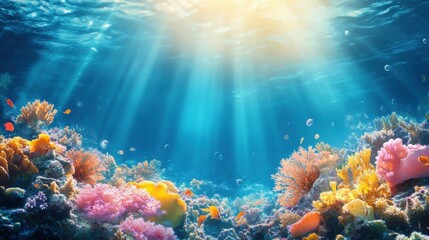 Obraz premium Underwater Scene - Tropical Seabed With Reef And Sunshine