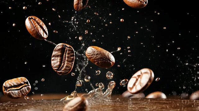 Coffee Beans Splashed in Water Creating Dynamic and Rich Scene