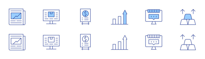 Market icon set in two styles, Duotone and Thin Line style. Editable stroke. financial, market research, price list, increase, ecommerce, gold