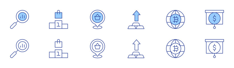 Market icon set in two styles, Duotone and Thin Line style. Editable stroke. gold, world, analytics, podium, economy, location pin