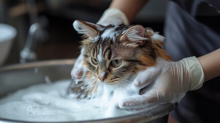 Back view of crop female in gloves washing tranquil cat with soap in small special tub while grooming pet in modern vet salon
