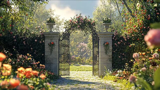Enchanted garden archway with flowering blooms