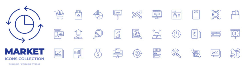 Market icons collection. Thin Line icons, editable stroke. analysis, bag, cart, gold, pie chart, profits, research, second hand, chart, ecommerce, paper bag, report, review