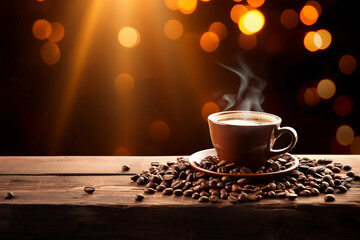 Obraz premium Cozy Image of Coffee Cup with Beans on Wooden Table