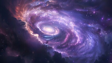 Spiral galaxy with glowing stars and vibrant purple and blue hues in deep space.