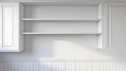 Fototapeta premium Open wall cabinet with empty shelves for product display clean white cabinet cover white melamine board or wainscoting cover white melamine in kitchen