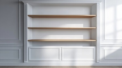 Open wall cabinet with empty shelves for product display clean white cabinet cover white melamine board or wainscoting cover white melamine in kitchen