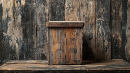 Vintage wooden podium with a weathered finish, set against a rustic backdrop.