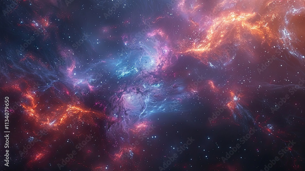Wall mural vivid cosmic space with glowing nebula clouds and colorful star formations.