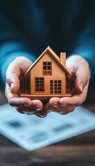 Hands holding miniature house model with financial documents in background, bokeh effect, mortgage, homeownership concept