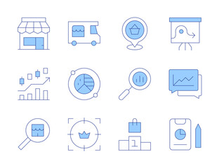 Market icons. Line Duotone style, editable stroke. stock market, customer, analytics, food truck, podium, market, strategy, analysis, report, store, location pin