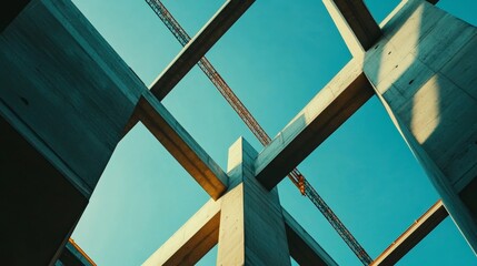 Construction of high monolithic frame buildings made of reinforced concrete The work of the construction crane Diagonal lines on the background of the blue sky